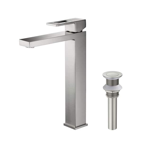 Single Hole Cubic Single Handle Bathroom Vessel Sink Faucet with Pop Up Drain in Brushed Nickel