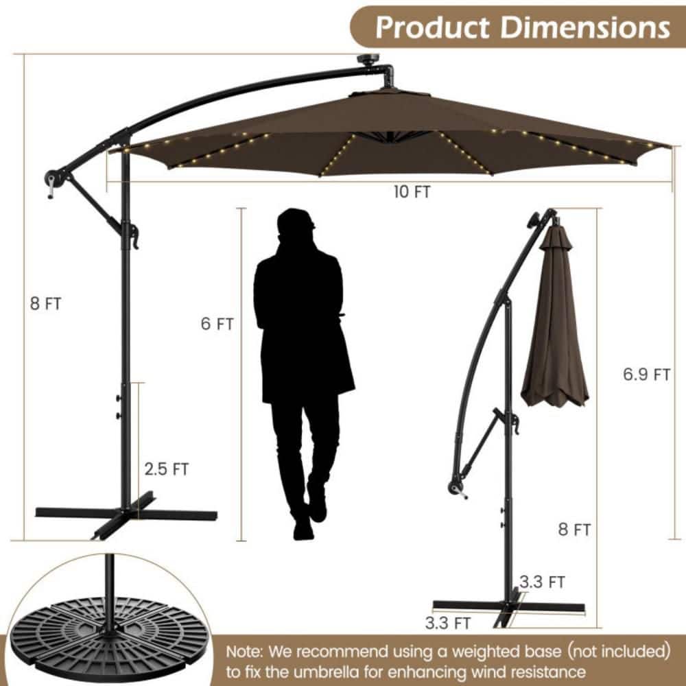 Coffee 10FT Solar-Lighted Cantilever Offset Patio Umbrella