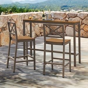 Humphrey 3 Piece 55 in. Teak Aluminum Outdoor Patio Dining Set Pub Height Bar Table Plastic Top With Armless Bar Chairs