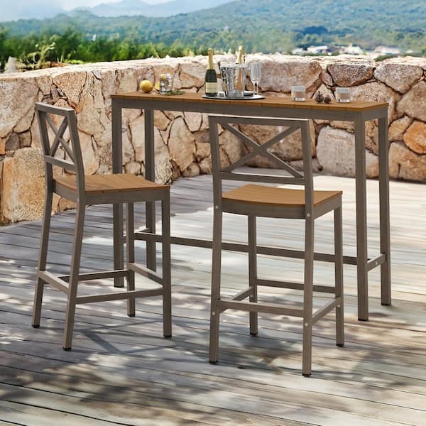 LUE BONA Humphrey 3 Piece 55 in. Teak Aluminum Outdoor Patio Dining Set Pub Height Bar Table Plastic Top With Armless Bar Chairs