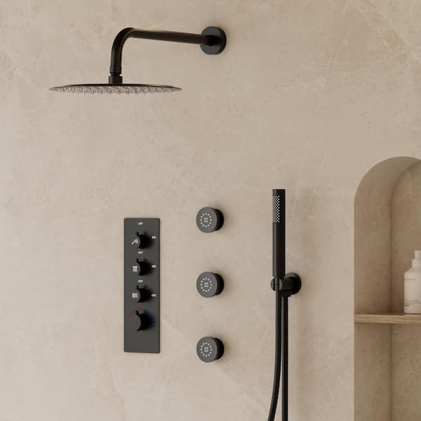YAWWALK 7-Spray 12 in. Wall Mount Fixed and Handheld Shower Head 2.5 GPM with 3-Jets in Matte Black(Valve Included)