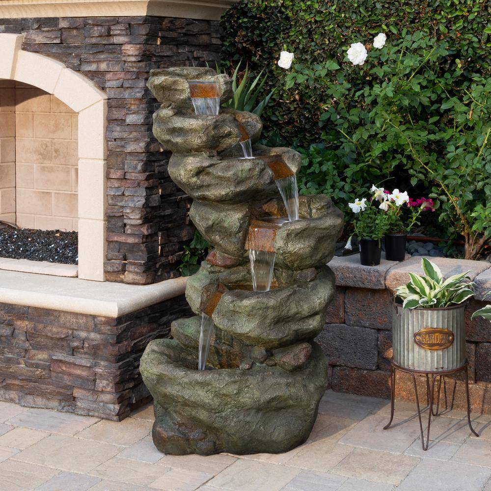 48" Dark Moss Green Multi-Tier Resin Outdoor Waterfall Fountain with LED Lights