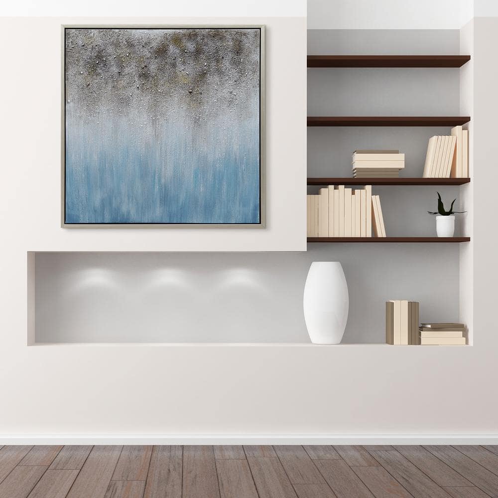 Blue Shadow Abstract Hand Painted Canvas with Silver Frame, 36" x 36"