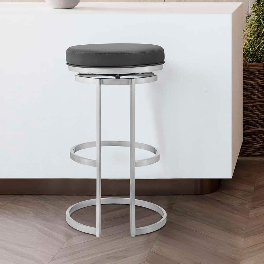 Vander 30 in. H Gray Faux Leather and Brushed Stainless Steel Backless Swiv