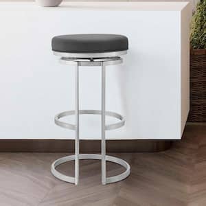 Vander 30 in. H Gray Faux Leather and Brushed Stainless Steel Backless Swivel Bar Stool
