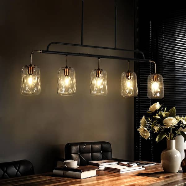LNC Cellar Modern Linear Chandelier 5-Light Gunmetal Gray and Brass Candlestick Island Chandelier with Textured Glass Shades