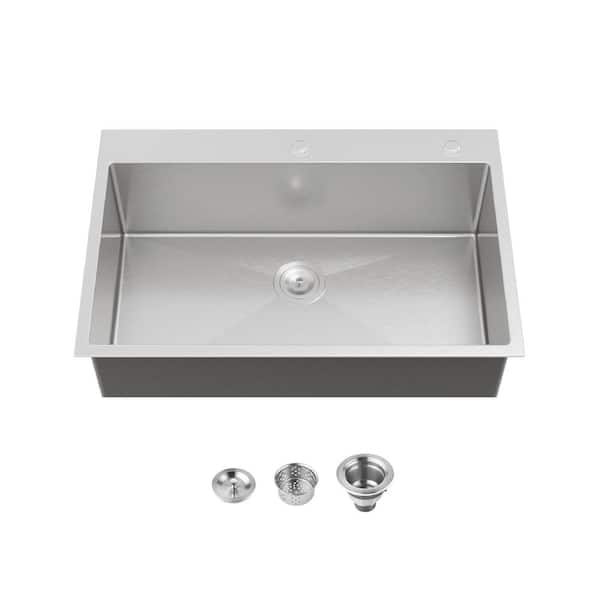 TMS 33 in. L x 22 in. W Brushed Nickel Drop-in/Undermount Single Bowl Steel Kitchen Sink with Strainers