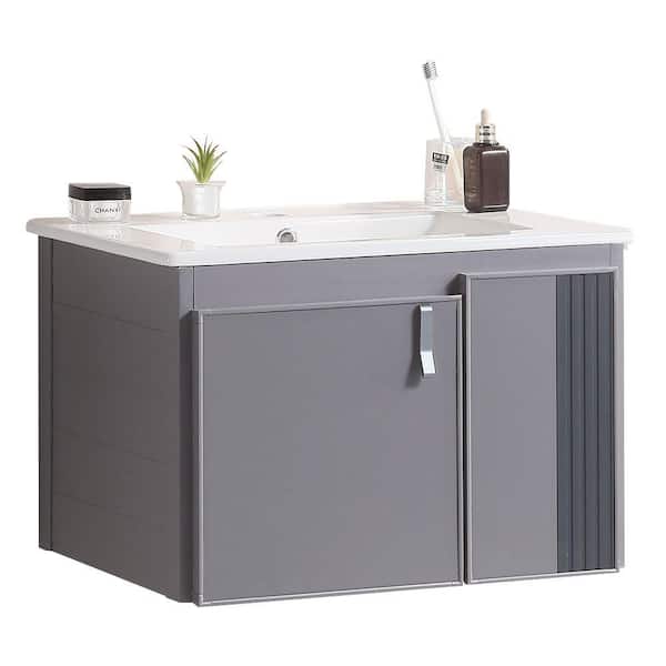 EPOWP 24 in. W x 18.2 in. D x 15.5 in. H Single Sink Wall Mounted Float Bath Vanity in Grey with White Ceramic Top and Cabinet