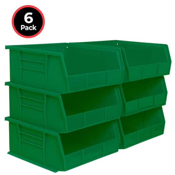Heavy-Duty Stackable and Hanging Plastic Storage Totes, 10.88 in. L x 11 in. W x 5 in. H, Holds 50 lbs., Green (6-Pack)