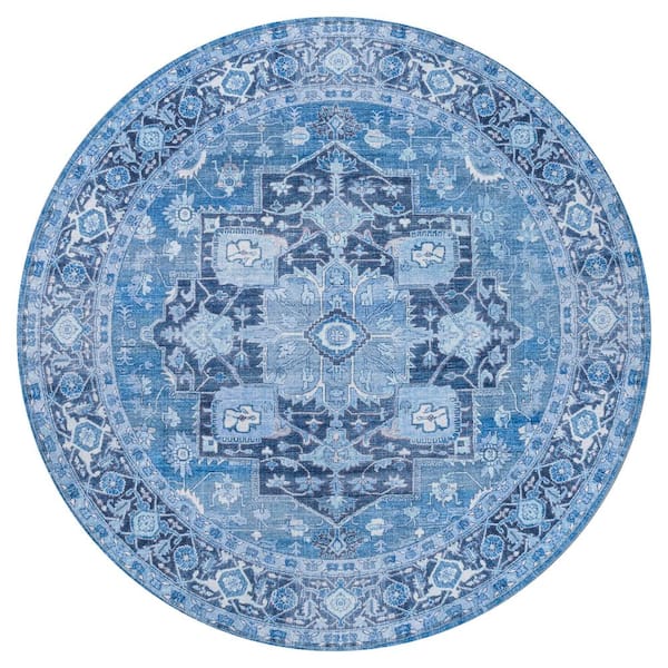 Maris Ornate Blue/Navy 6 ft. Medallion Machine-Washable Round Area Rug