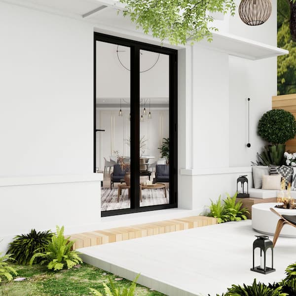 72 in. x 96 in. Right Swing/Outswing Double Tempered Glass Black Aluminum Folding Patio Door
