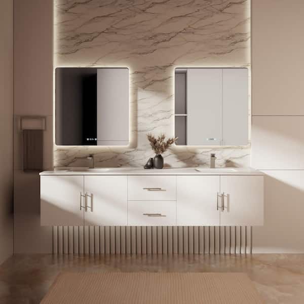 Lexora Geneva 80 in. W x 22 in. D Glossy White Double Bath Vanity, Cultured Marble Top, and 30 in. LED Mirrors
