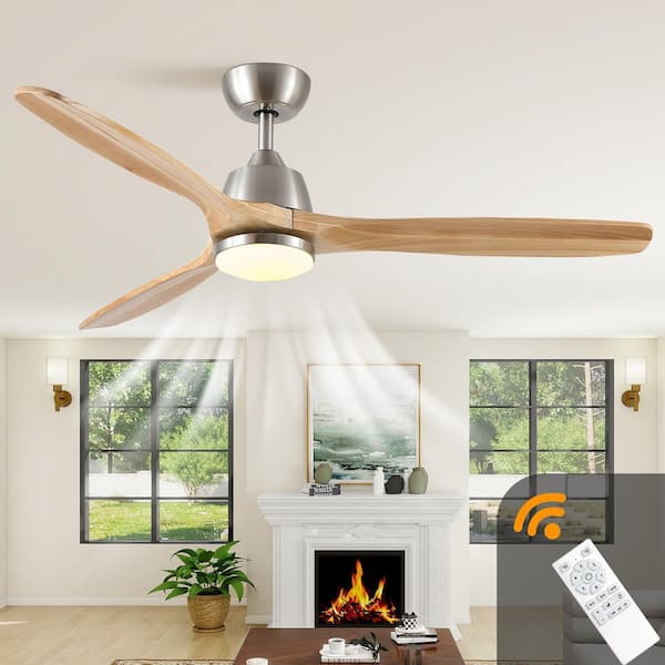 52 in. Brown Intergrated LED Ceiling Fan Lighting with Remote Control Brushed Nickel, Downrod Mount