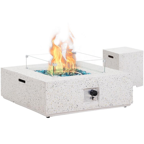 Unbranded 35 in. White Outdoor Concrete Firepit Table with Gas Hose, Lava Stones, AA Battery and Cover