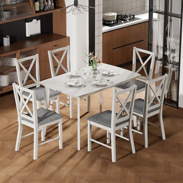 VECELO Farmhouse Dining Table Set, 7-Piece Wood Kitchen Table with X-Back Chairs and Padded Seats, Gray Dining Set Style 2