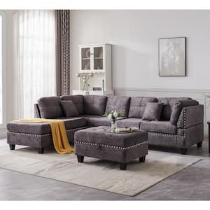 109 in. W 4-Piece Polyester Sectional 3-Seaters Sofa with Reversible Chaise, Storage Ottoman, 2-Small Pillows in Gray