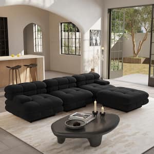 109.83 in. Square Arm Teddy Velvet 4-piece Deep Seat Modular Sectional Sofa with Adjustable Armrest in. Black