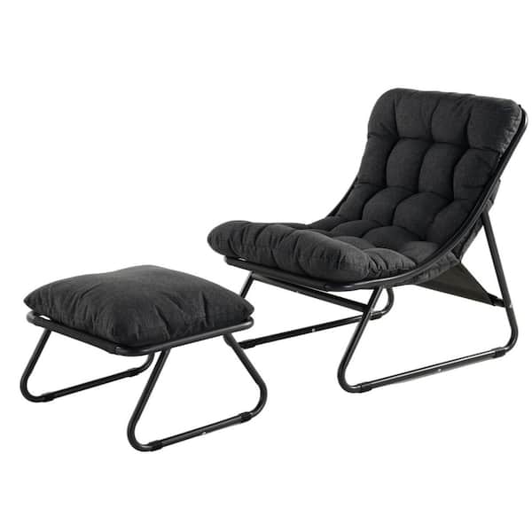Outdoor Lounge Chair with Foot Stool, Comfy Sling Recliner Chair with Puffy Cushion and Foot Rest, Dark Gray