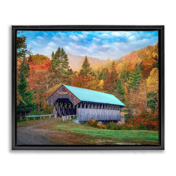 Stupell Industries Woodland Covered Bridge Mountain Foliage by Rick Berk Black Floater Frame Graphic Nature Art Print 31 in. x 25 in.