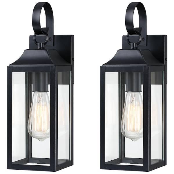 1-Light Black Outdoor Wall Lantern Sconce with Clear Glass with No Bulbs Included (2-Pack)