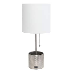 18.5 in. Brushed Nickel Hammered Metal Organizer Table Lamp with USB Charging Port and Fabric Shade