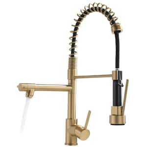 Single Handle Pull-Down Kitchen Faucet with Sprayer, Commercial Spring Sink Faucet in Brushed Gold