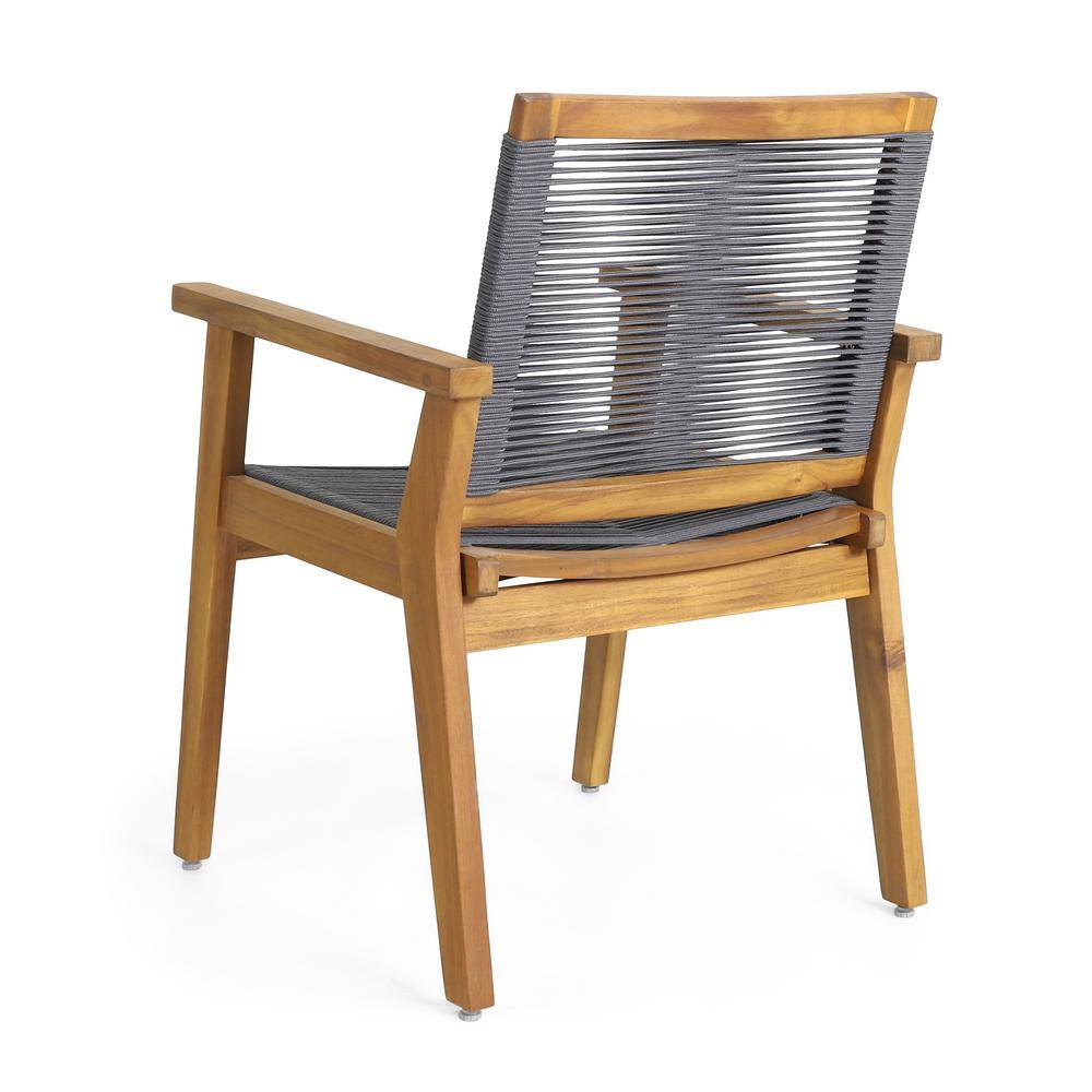 Set of 2 Teak and Dark Gray Rope Outdoor Dining Chairs