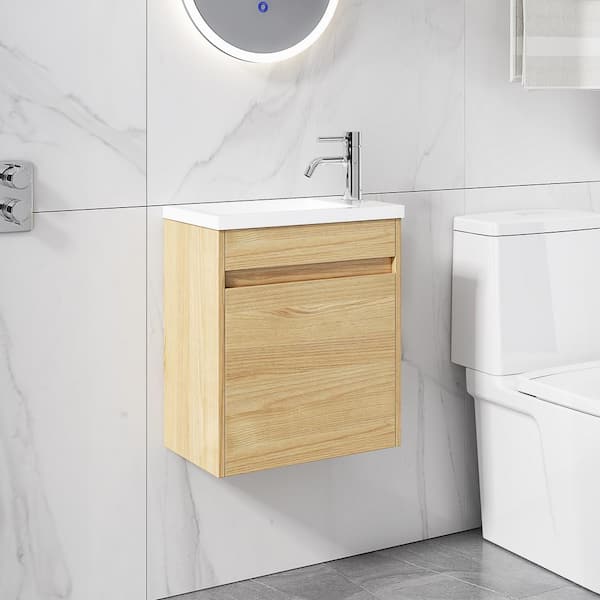 FAMYYT 17.3 in. W x 10.2 in. D x 22.8 in. H Single Sink Wall Mounted Bath Vanity in Light Teak with White Cultured Top