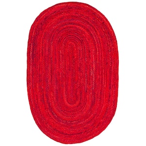 Braided Red Doormat 3 ft. x 5 ft. Solid Color Striped Oval Area Rug