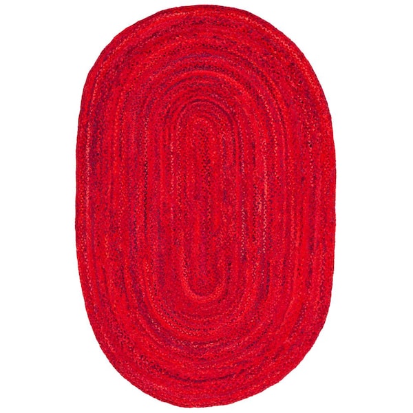 SAFAVIEH Braided Red 5 ft. x 8 ft. Solid Color Striped Oval Area Rug