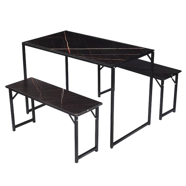 Dinaza 3-Piece Retangular Black Marble Wood Top Dining Table Set Kitchen Table with 2 Benches for 4 Persons