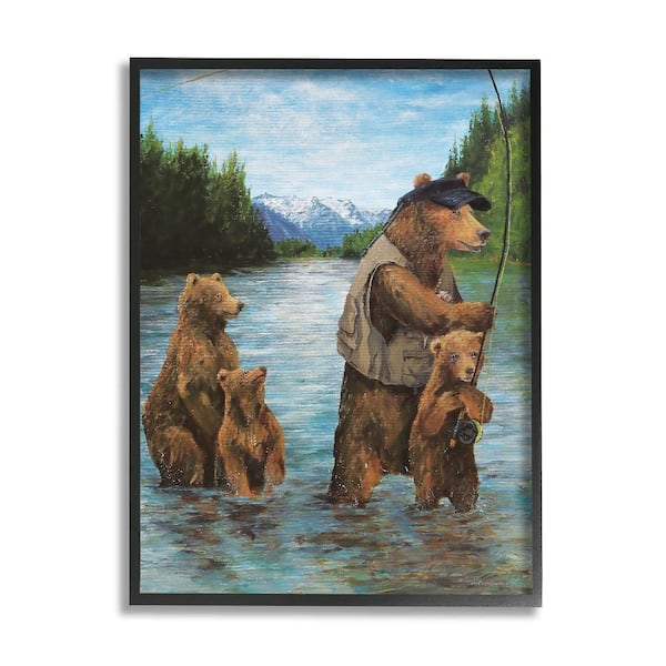 Grizzly Bear Family Fishing Landscape by Kamdon Kreations 1-Piece Black Framed Animal Giclee Art Print 30 in. x 24 in.