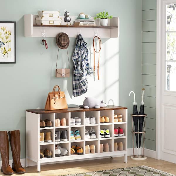 Tribesigns Howard Brown Wood 32 in. Shoe Rack with Coat Hooks, Hall Tree with Shoe Bench and Shelves, Dark Brown Wood