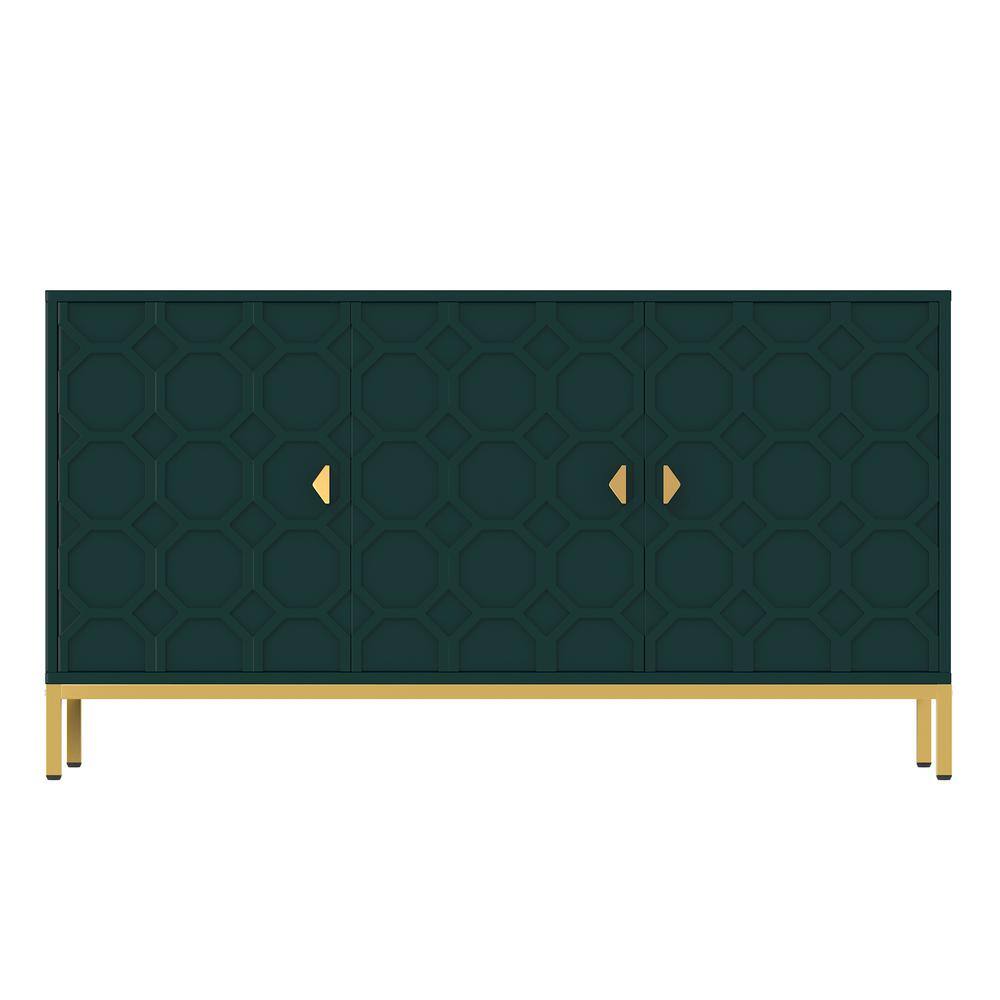 Green Embossed Pattern MDF 3-Door Accent Cabinet with Gold Legs