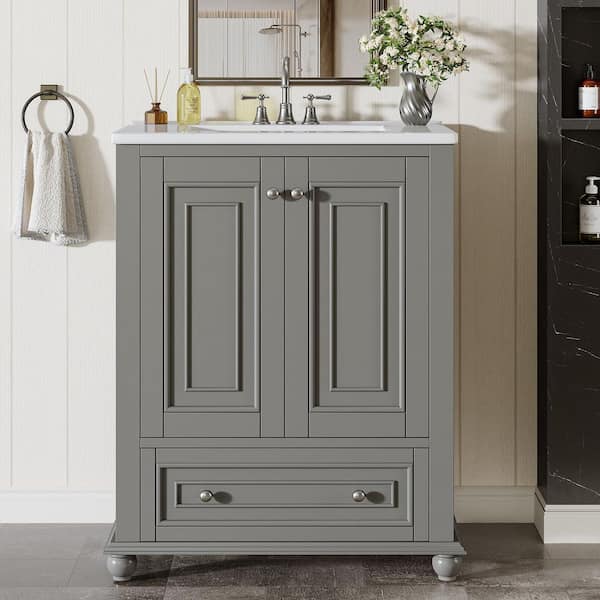 24 in. Single Sink Freestanding Gray Bath Vanity with White Cultured Marble Top