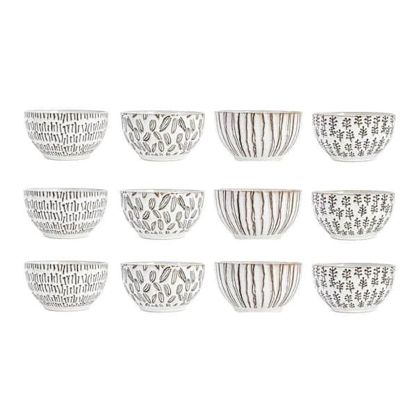 Storied Home 18.85 fl. oz. Beige Round Stoneware Bowls with Various Wax Pattern (Set of 12)
