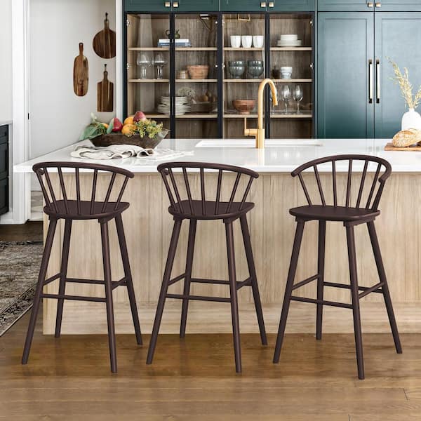 LUE BONA Winson Windsor 30 in. Espresso Solid Wood Bar Stool for Kitchen Island Counter Stool with Spindle Back Set of 3
