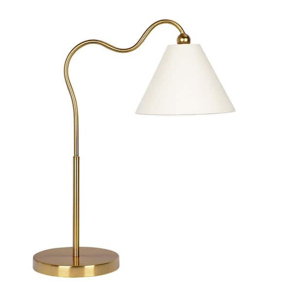 22 in. H Ornate Brass Ring Base Curved Table Lamp with Triangle White Drum Shade Task and Reading
