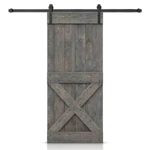 CALHOME 32 in. x 84 in. Distressed Mini X Series Weather Gray Stained DIY Wood Interior Sliding Barn Door with Hardware Kit