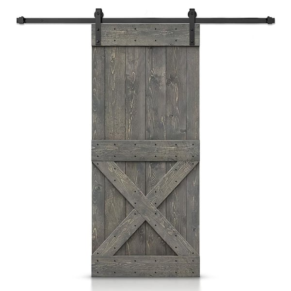 36 in. x 80 in. Distressed Mini X Series Weather Gray Stained DIY Wood Interior Sliding Barn Door with Hardware Kit