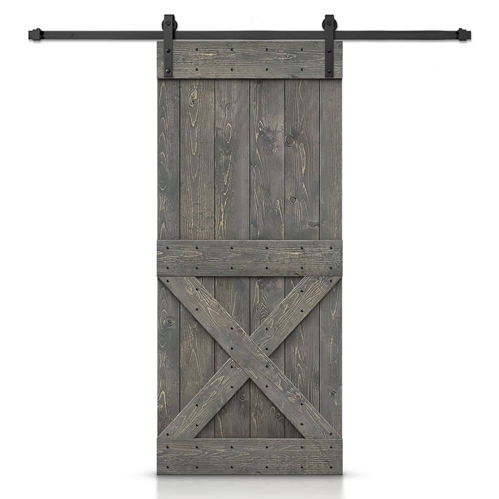 CALHOME Mini X Series 36 in. x 84 in. Pre-Assembled Weather Gray Stained Wood Interior Sliding Barn Door with Hardware Kit