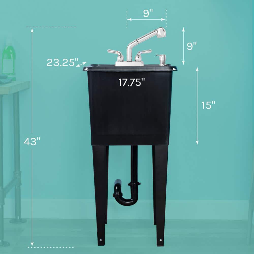 Black Freestanding Utility Sink with Chrome Faucet and Metal Legs
