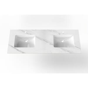 Cassandra 60 in. W x 22 in. D Porcelain Vanity Top in White Marble Finish with Double White Sink Basin