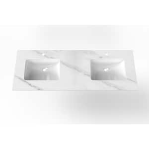 Cassandra 60 in. W x 22 in. D Porcelain Vanity Top in White Marble Finish with Double White Sink Basin