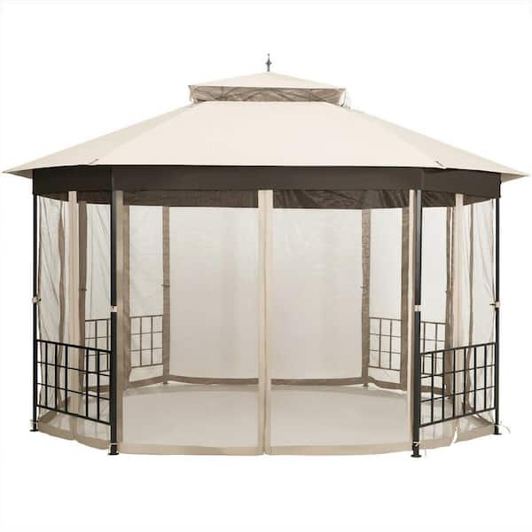 Unbranded CWLD-383-BE-12 ft. W x 10 ft. D Beige Octagonal Patio Gazebo With Netting Sidewalls