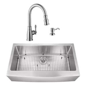 Undermount Stainless Steel 32-7/8 in. Apron Front Single Bowl Kitchen Sink with Brushed Nickel Faucet