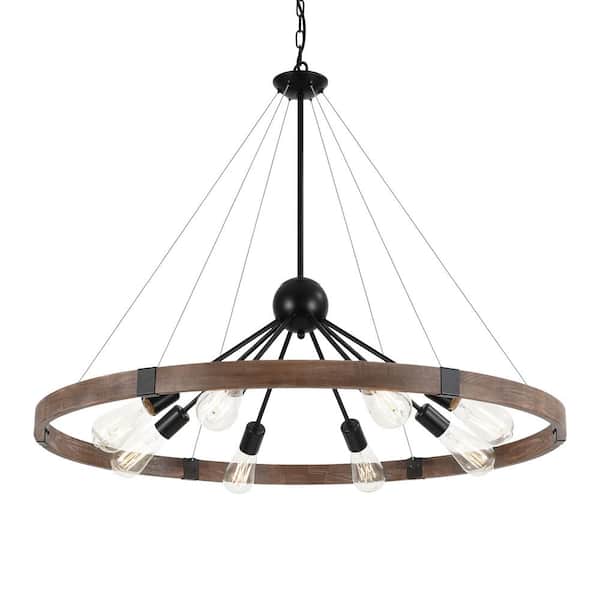 LamQee 8-Light Weathered Wood Wagon Wheel Sputnik Chandelier Farmhouse Island Pendant with Wood Accents