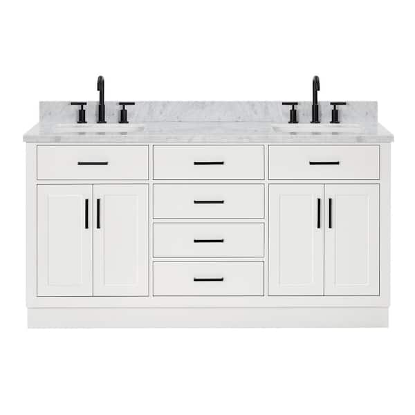 Hepburn 66 in. W x 22 in. D x 35.25 in. H Double Freestanding Bath Vanity in White with Carrara White Marble Top