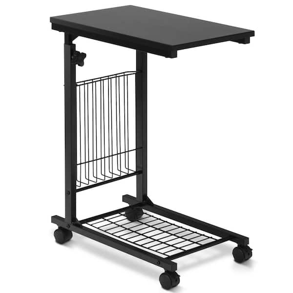 20 in. Black Specialty Wood Top Snack Magazine Sofa End Table Rolling Casters Height Adjustable