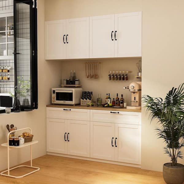 White Wooden Sideboard, Storage Cabinet, with Wall Mounted Kitchen Cabinet( Two Parts )